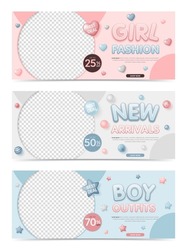 Set of baby and kids fashion sale horizontal banner template. Banner vector kid element by heart, and star for social media, sales promotion, online shopping, flyer, poster, web, ads, and website.