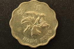 Closeup of a 20 Cents  coin of Hong Kong with black background.