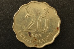 Closeup of a 20 Cents  coin of Hong Kong with black background.