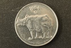 Closeup of a 25 Paise coin of India with black background depicting a Rhino ,minted in 1994.