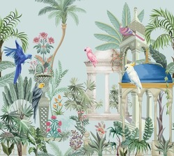 Mughal eastern garden arch, palace, bird, parrot vector illustration pattern