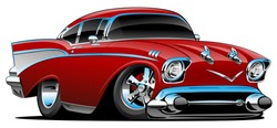 Classic hot rod 57 muscle car, low profile, big tires and rims, candy apple red, cartoon vector illustration