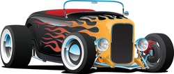 Custom Hot Rod Roadster Car with Flames, Chrome Rims and White Wall Tires, Isolated Vector Illustration