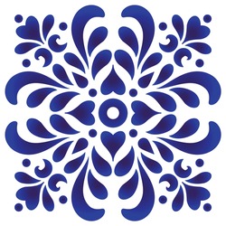 Abstract flower icon, watercolor blue and white floral ornament for design, ceramic, pattern, porcelain,indigo, chinaware, tile, ceiling, texture, wall, floor, paper and fabric, vector illustration