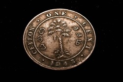 A close-up of the old Ceylon 1 cent bronze coin in 1944 issued by the British Empire.
