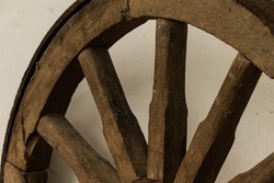 A close view of spokes of old cart wheel.