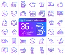 Gradient outline icons of online shopping and e-commerce. Pictogram collection suitable for banner, mobile application, website. Editable stroke