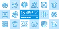 Linear icon set of Data science technology and machine learning process. Material design icon suitable for print, website and presentation