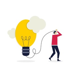 Creative ideas for solving work problems, success finding new innovation concepts, intelligent people carrying bright light bulbs.
