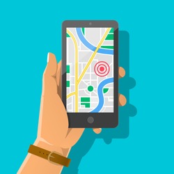 Hand holding phone with map and marker. Mobile gps navigation and tracking concept. Flat vector cartoon illustration. Location track app on touch screen smartphone