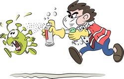 Cartoon man running after corona virus with soap and disinfectant in his hands vector illustration