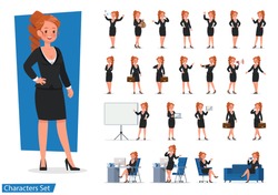 set of Business Woman showing different gestures character vector design. 