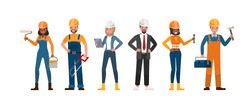 Set of Builder people working character vector design. Presentation in various action with emotions.