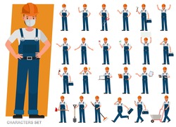 Set of Builder man wear blue jeans working character vector design. Presentation in various action with emotions, running, standing and walking. 