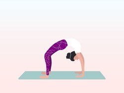 A woman practices yoga in a bridge pose, a bow face down or Urdhva Dhanurasana. Can be used for poster, banner, flyer, postcard, website.