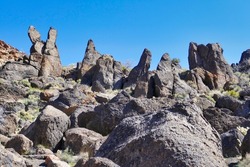 Eroded volcanic rock landscape in the Providence Mountains, close to Hole-in-the-Wall, Mojave National Preserve, California, USA
