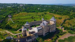 Khotyn fortress aerial view, Dniester river Old castle, stone fortress in Khotyn city, western Ukraine. Bessarabia. Ancient stone fortress of the Middle Ages. Chernivtsi region 