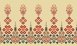 Cross Stitch Pixel Pattern. Ethnic abstract art. Seamless pattern in tribal, folk embroidery, and Mexican style. Aztec geometric ornament print. Design for carpet, wallpaper, clothing, textile.