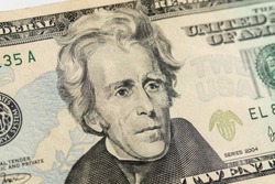 Close up of President Andrew jackson on the US twenty dollar bill.
