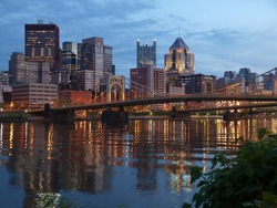 Pittsburgh Pennsylvania and the Ohio River at dusk.