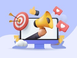 Digital social marketing. Computer with social network interface. Hand holds a megaphone. Search and attraction of target audience, new subscribers. Social network promotion. Vector illustration 3D