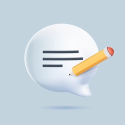 Copywriting, writing icon. Document concept. Speech bubble, text and pencil. 3d vector illustration. 3D illustration of speech bubble. 3d vector talking cloud. Glossy speech bubble high quality vector
