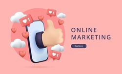 Online marketing, website template. Social media. Like, smile and thumb up hand icons. Marketing promotion, business concept, modern 3d like icon. Hand from smartphone, Isolated on background. Vector