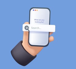 Mobile search, Searching on internet with smartphone. Search bar 3D icon render. UI UX interface app. Search Address and navigation bar icon illustration. Smartphone mockup 3D