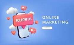 Follow Us Social media platform, online social communication website concept. Comment and Follower. 3D Web Vector Illustrations. Like, communication SMM marketing background banner, advertising web