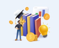 3D Financial education render illustration set. Student 3D characters investing money in education and knowledge. Personal finance management and financial literacy concept. Vector render illustration