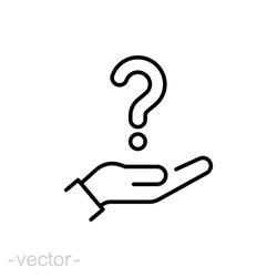 Hand holding question mark icon. Outline style. Why, who, doubt, uncertainty, curious, ask, curiosity, interrogation concept. Vector illustration isolated on white background editable stroke EPS 10