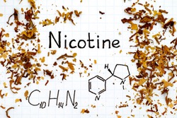 Chemical formula of Nicotine with spilled tobacco. Close-up.
