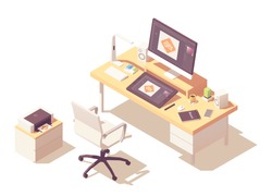 Graphic designer home office or studio workspace. Vector isometric room cross-section with desk, desktop pc, graphic tablet, sketch book, office chair, printer and stylish lamp