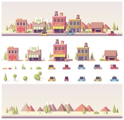 Vector low poly 2d  buildings and city scene game asset