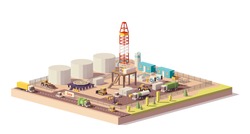 Vector low poly land oil or gas drilling rig and related machinery and structures