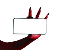 Scary female monster hands halloween character red color isolated on white background, holding blank white mobile phone screen.