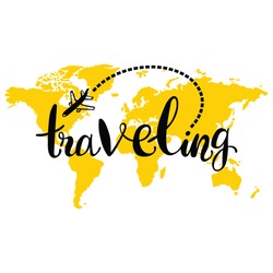 Traveling. World map. Airplane. Isolated vector object on white background. Lettering.