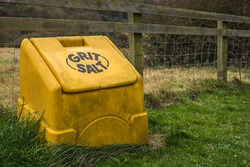 Generic rural yellow grit and salt bin usually seen on public roads.