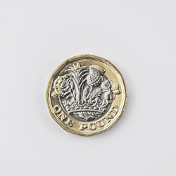 New 2017 UK one pound coin shot from above in studio on a white background.