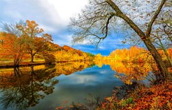 Autumn foliage is reflected in the river. Autumn river reflection. Autumn river landscape. River in autumn