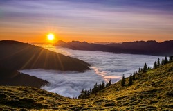 Thick fog in the mountains at dawn. Sunrise fog in mountains. Mountain fog at dawn. Sunsrise fog landscape