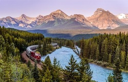 The train goes along the mountain river. Mountain forest train ride. Train in mountain forest. Train in mountains