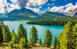 The beauty of a mountain lake. Mountain lake landscape. Mountain forest lake landscape. Lake in mountain forest