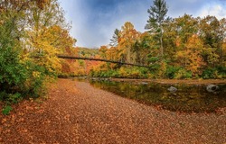 Bridge over the river in the autumn forest. Autumn forest river. RIver bank in autumn forest. River bridge in autumn forest
