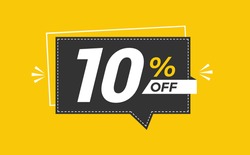 10 percent off. Yellow banner with floating balloon for promotions and offers.