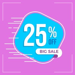 25% off sale. Discount price. Announcement of special offer with discount. Conceptual banner in lilac, light blue and white colors for promotions and offers with a 25 percent discount.