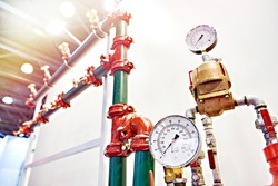 Manometer pressure gauges and sprinklers spray extinguishing system in exhibition