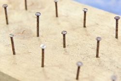 Nails into wood board closeup