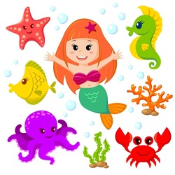 Mermaid and sea animals. Fish, starfish, octopus, seahorse