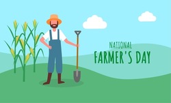 Vector illustration, a farmer in a corn field, as a banner or poster, national farmer's day